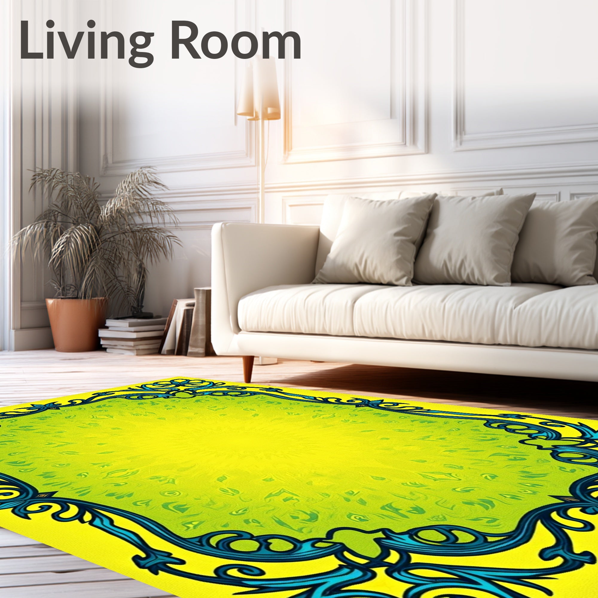 Vivid Yellow Blue Swirling Ornate Rug