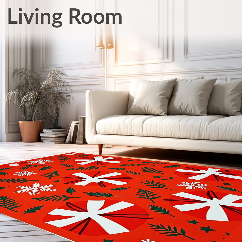 Red White Snowflakes and Greens Rug