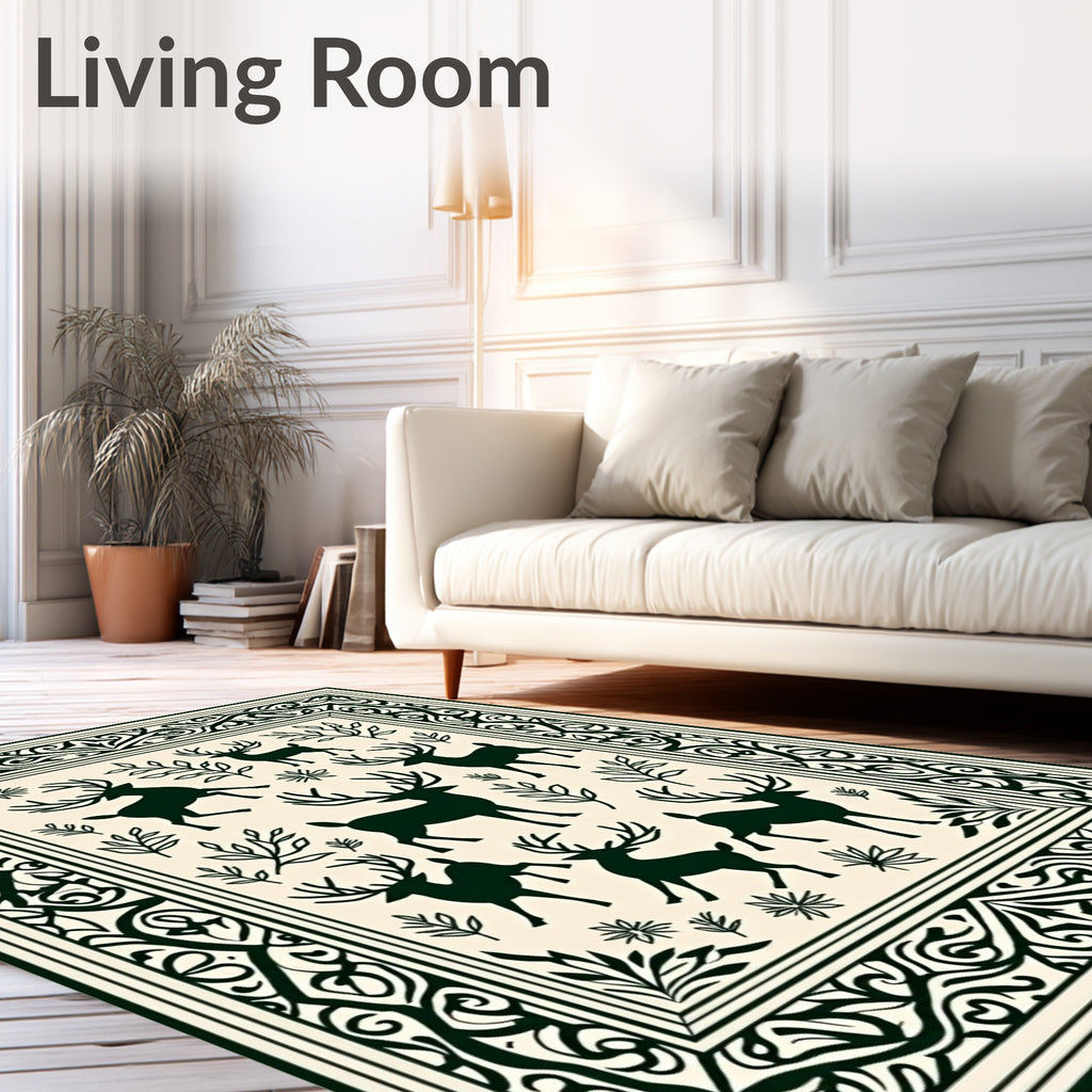 Dark Green Reindeer Forest Border Rug