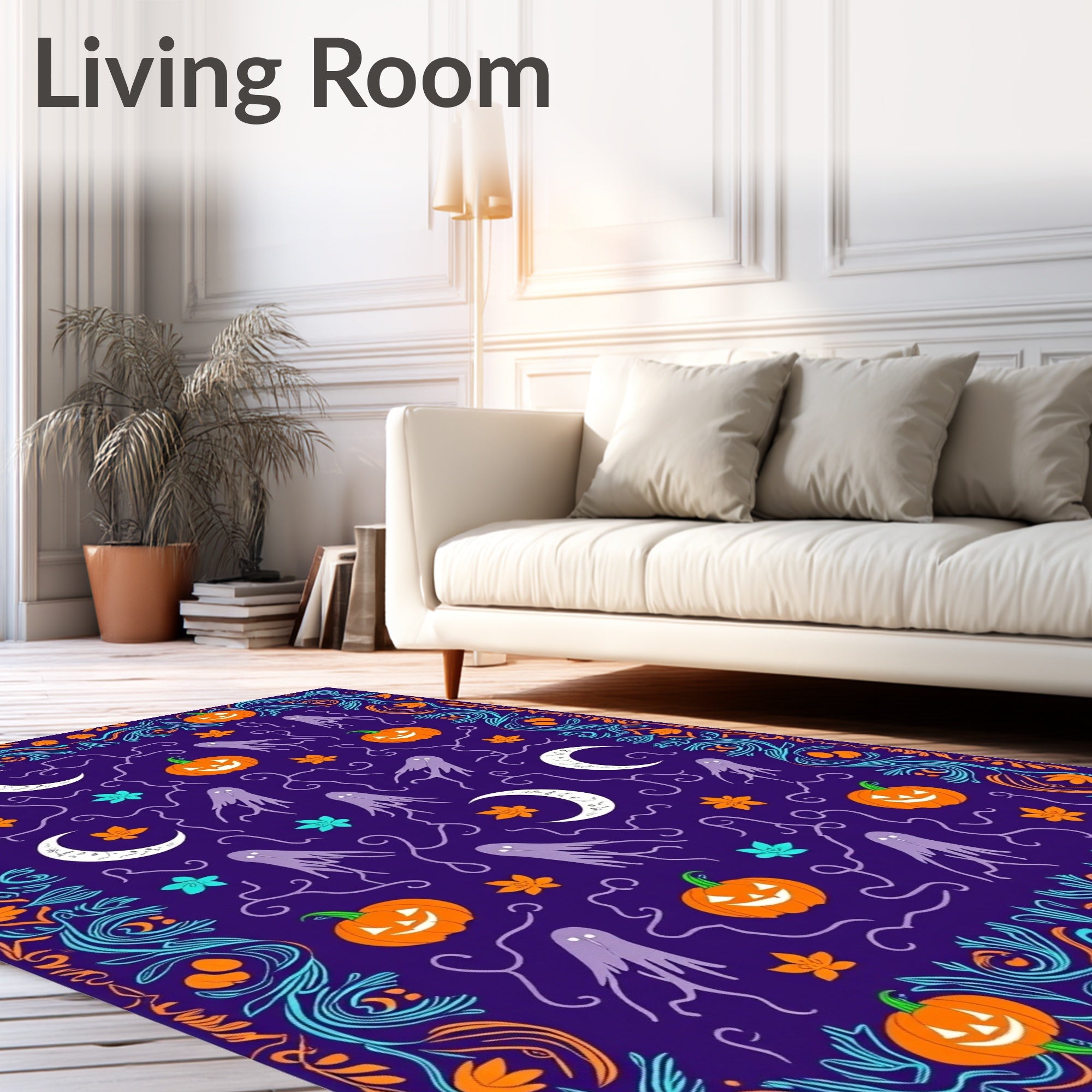 Whimsical Purple Halloween Pumpkin Ghost Rug