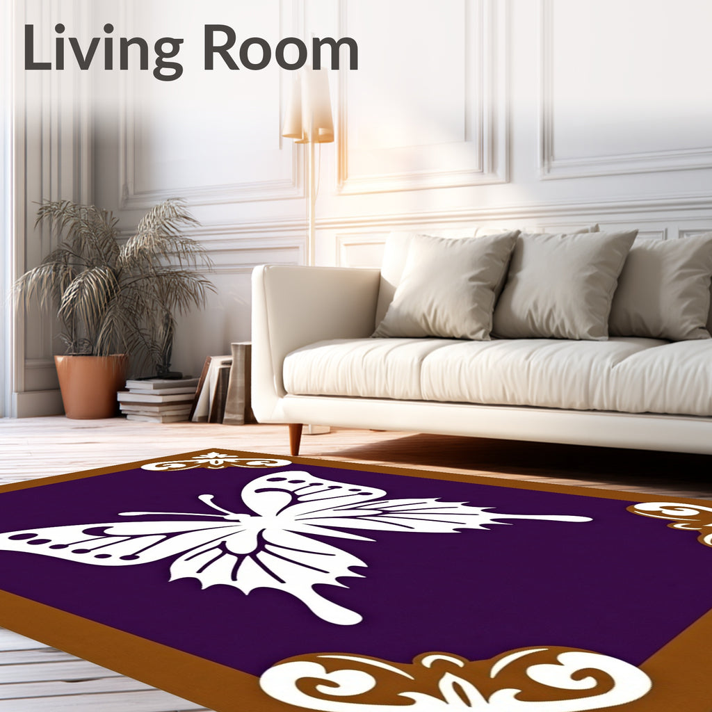 White Butterfly Brown Corner Purple Rug