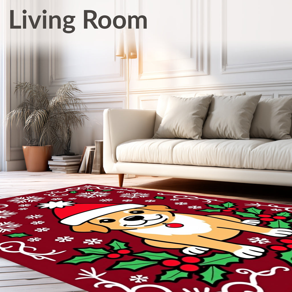 Festive Red Puppy Christmas Snowflakes Rug