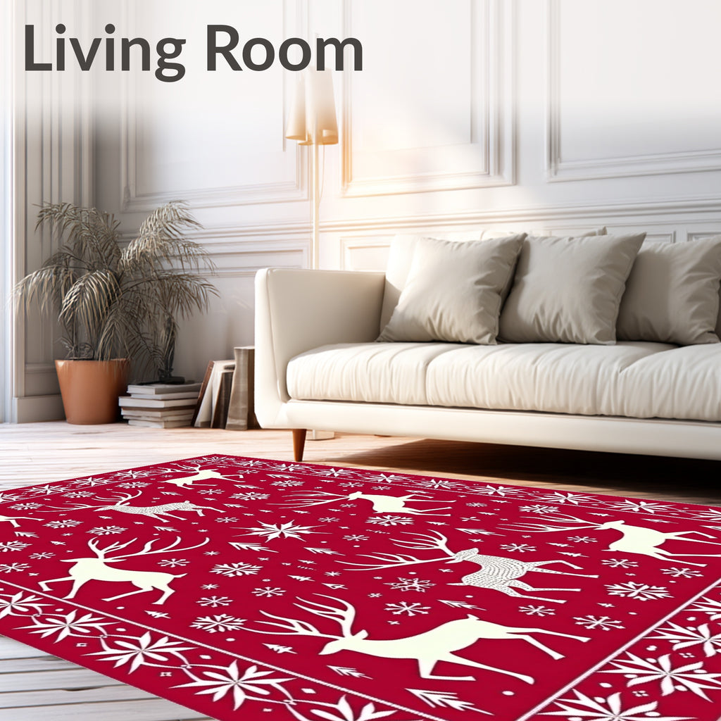 Crimson Reindeer Snowflake Border Rug