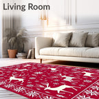 Crimson Reindeer Snowflake Border Rug