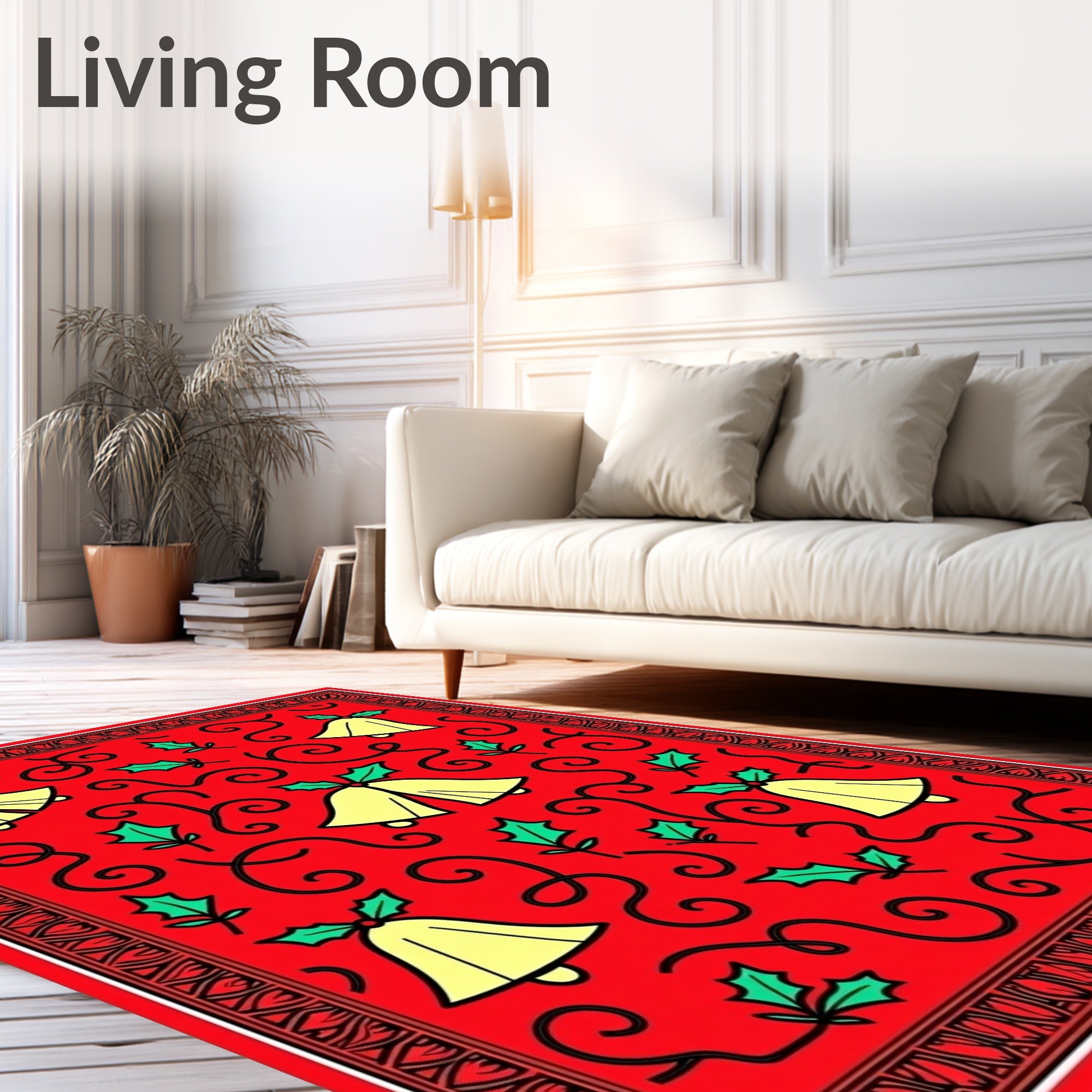 Festive Red Golden Bells Holly Swirls Rug