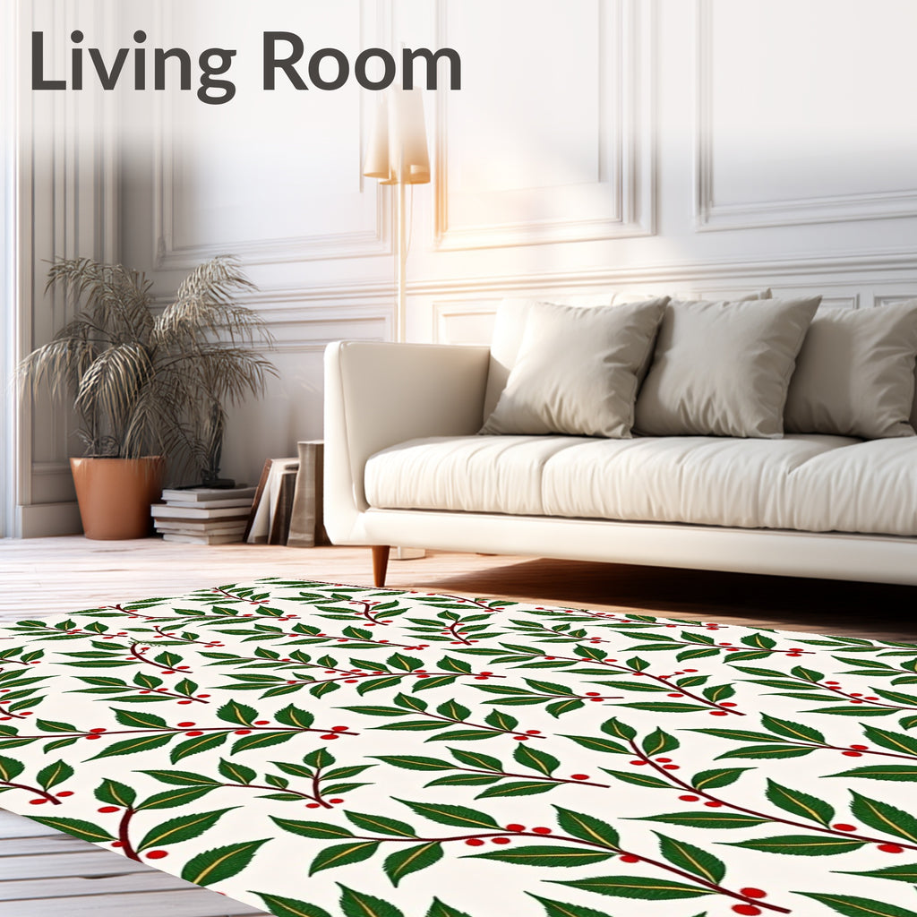 Festive Red Berry Green Leaf Branches Rug
