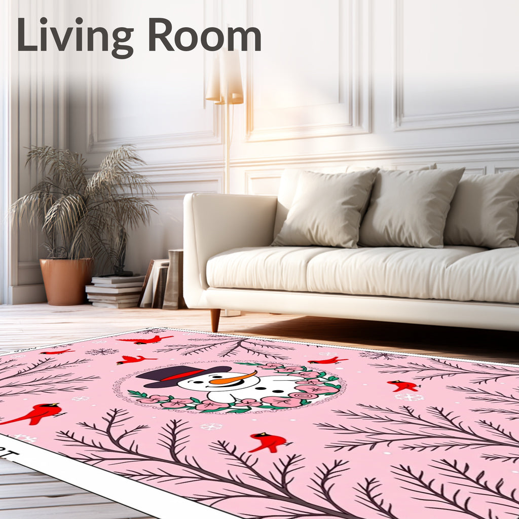 Pink Snowman Cardinal Winter Forest Rug
