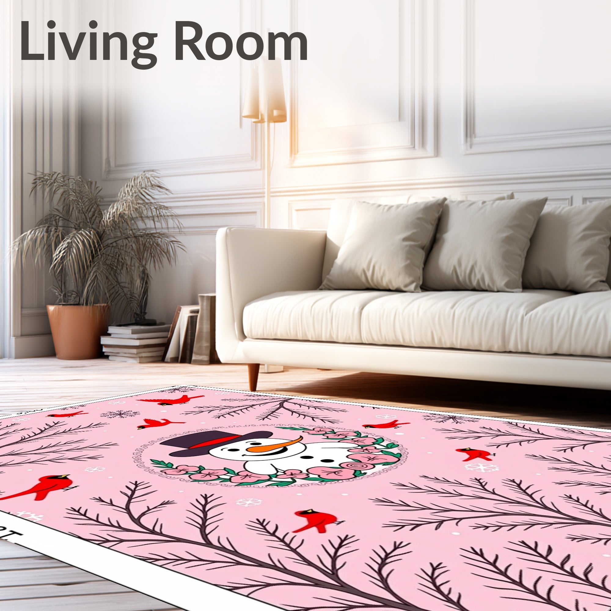 Pink Snowman Cardinal Winter Forest Rug