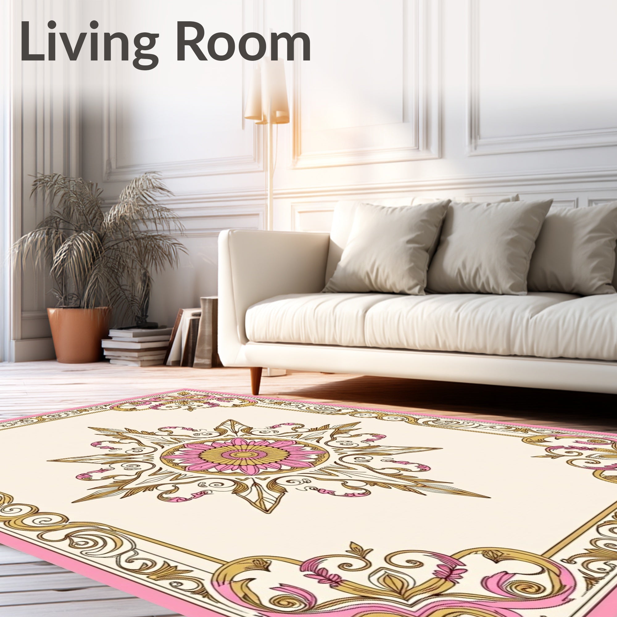 Pink Golden Floral Medallion Frame Rug