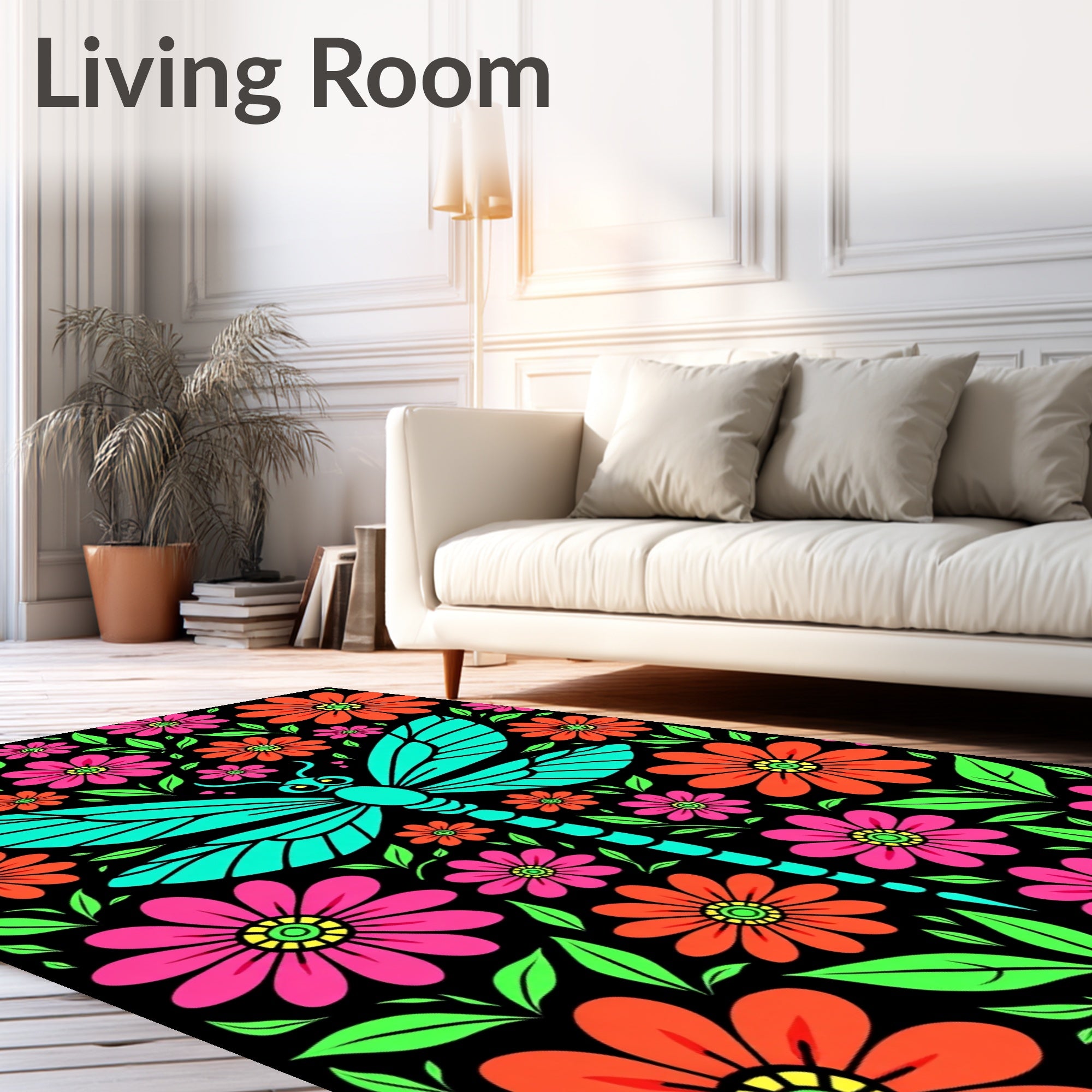 Vibrant Teal Dragonfly Floral Garden Rug