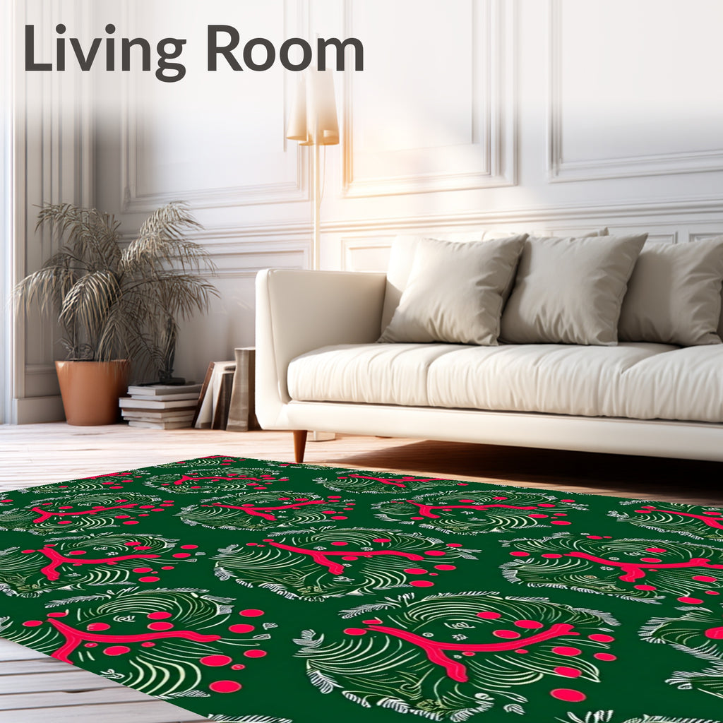Crimson Coral Swirl Green Wreath Rug