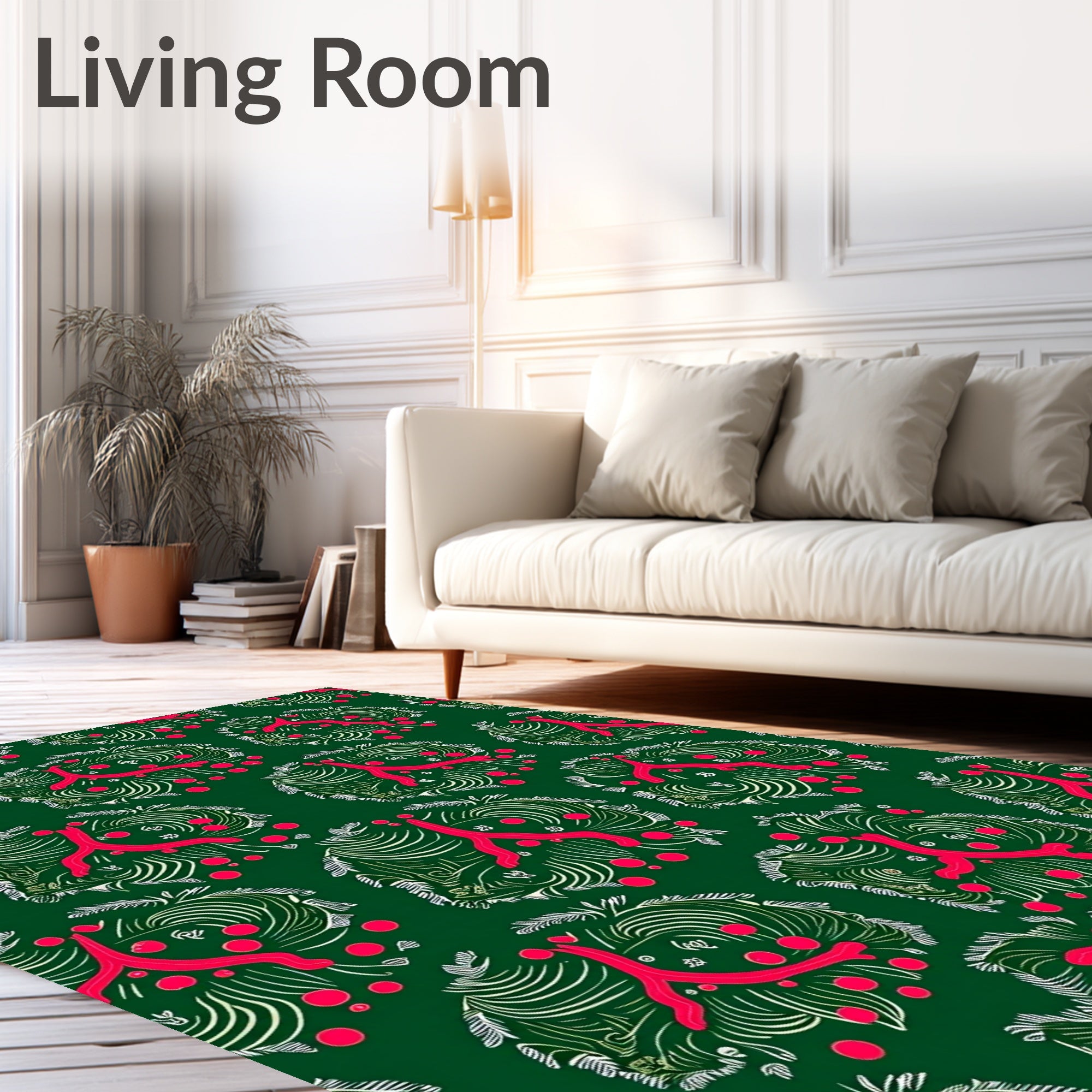 Crimson Coral Swirl Green Wreath Rug