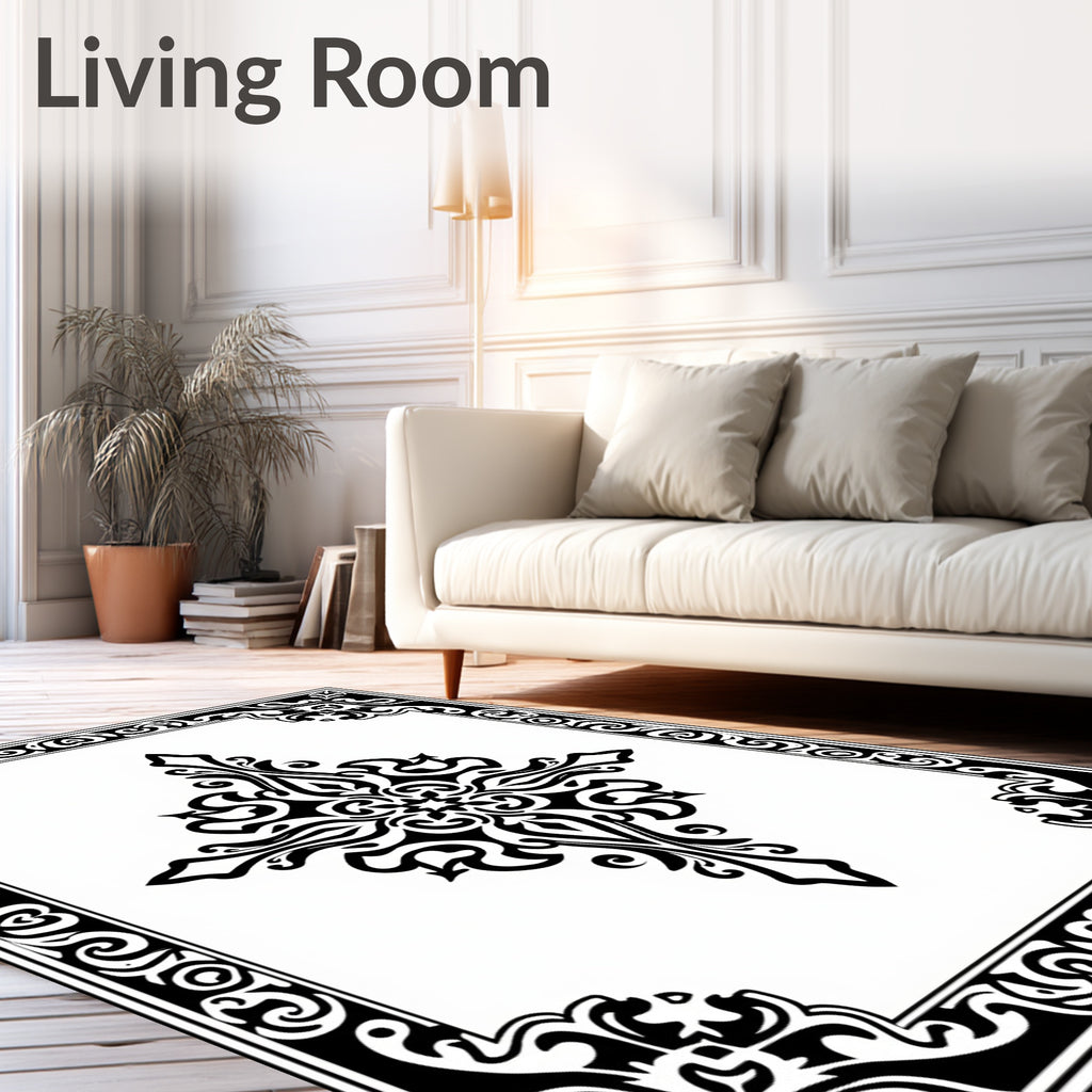 Black Ornate Symmetry Scrollwork Rug