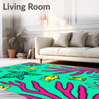 Retro Teal Turtle Fish Coral Scene Rug