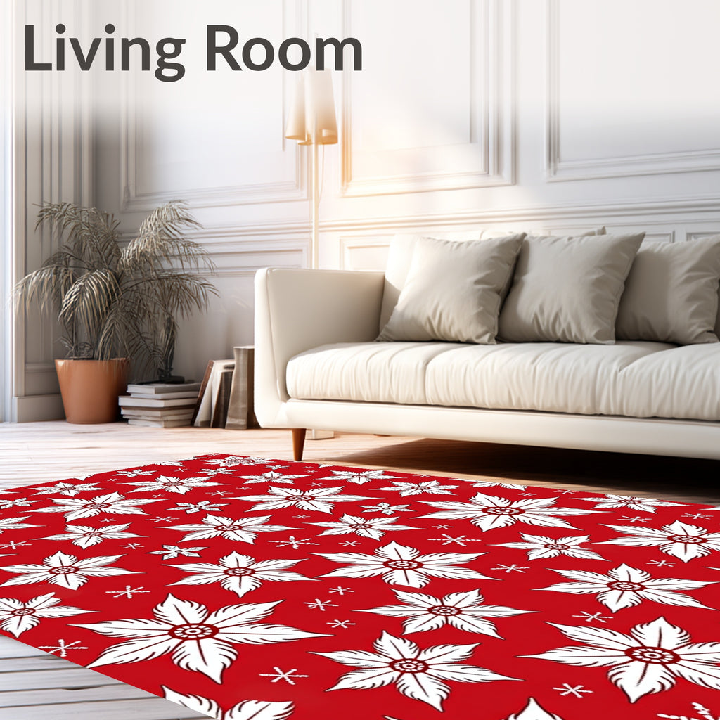 Festive Red White Floral Snowflakes Rug