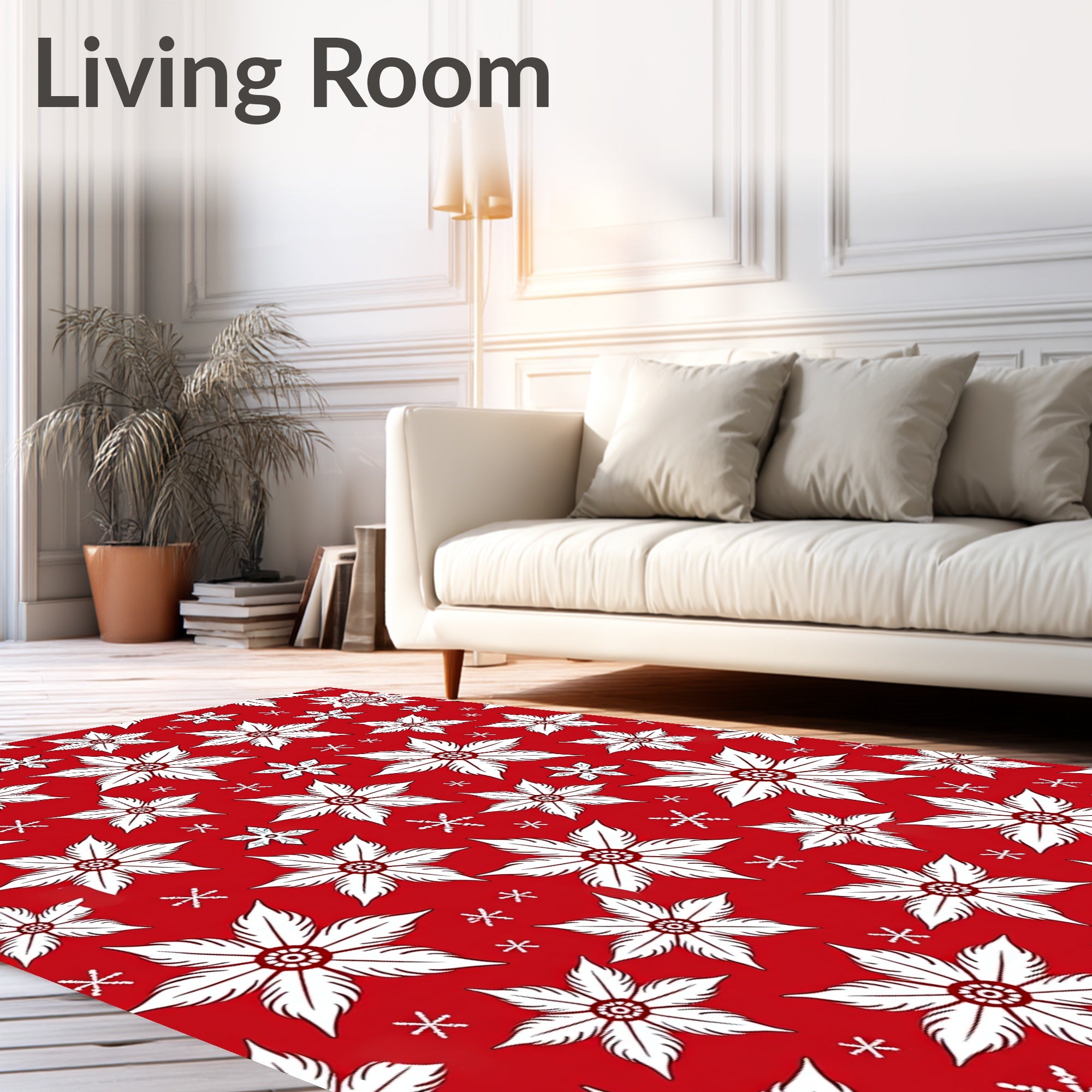 Festive Red White Floral Snowflakes Rug