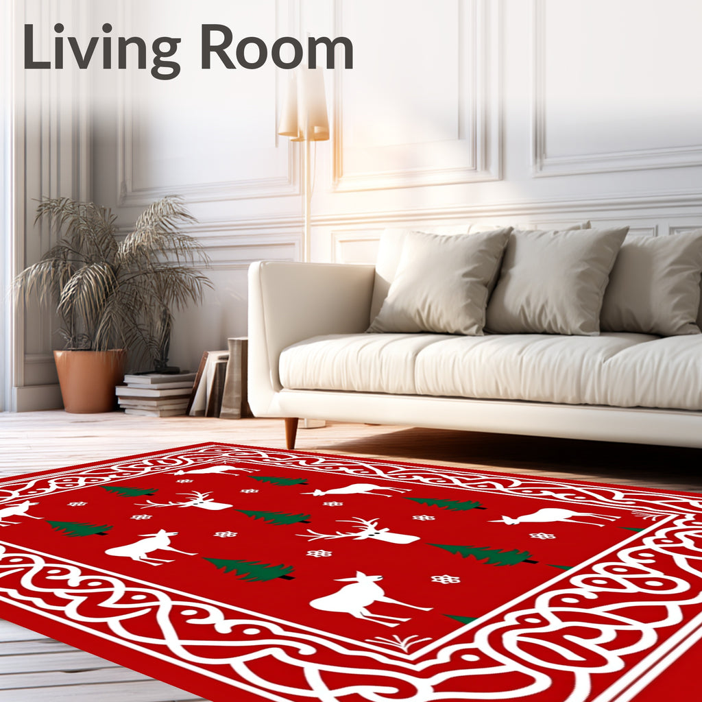 Red White Green Holiday Deer Trees Border Rug