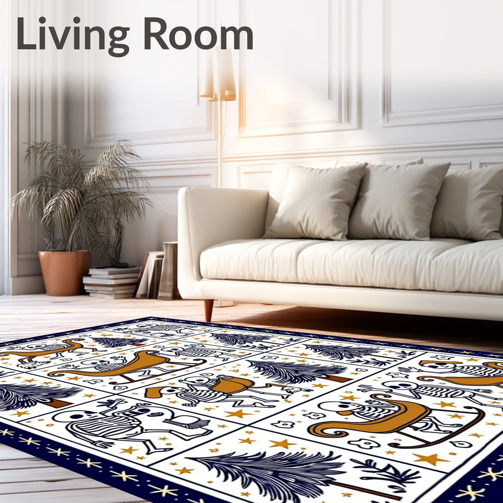 Whimsical Skeleton Sleigh Ride Navy Rug
