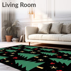 Festive Green Christmas Trees Scattered Snowflakes Rug