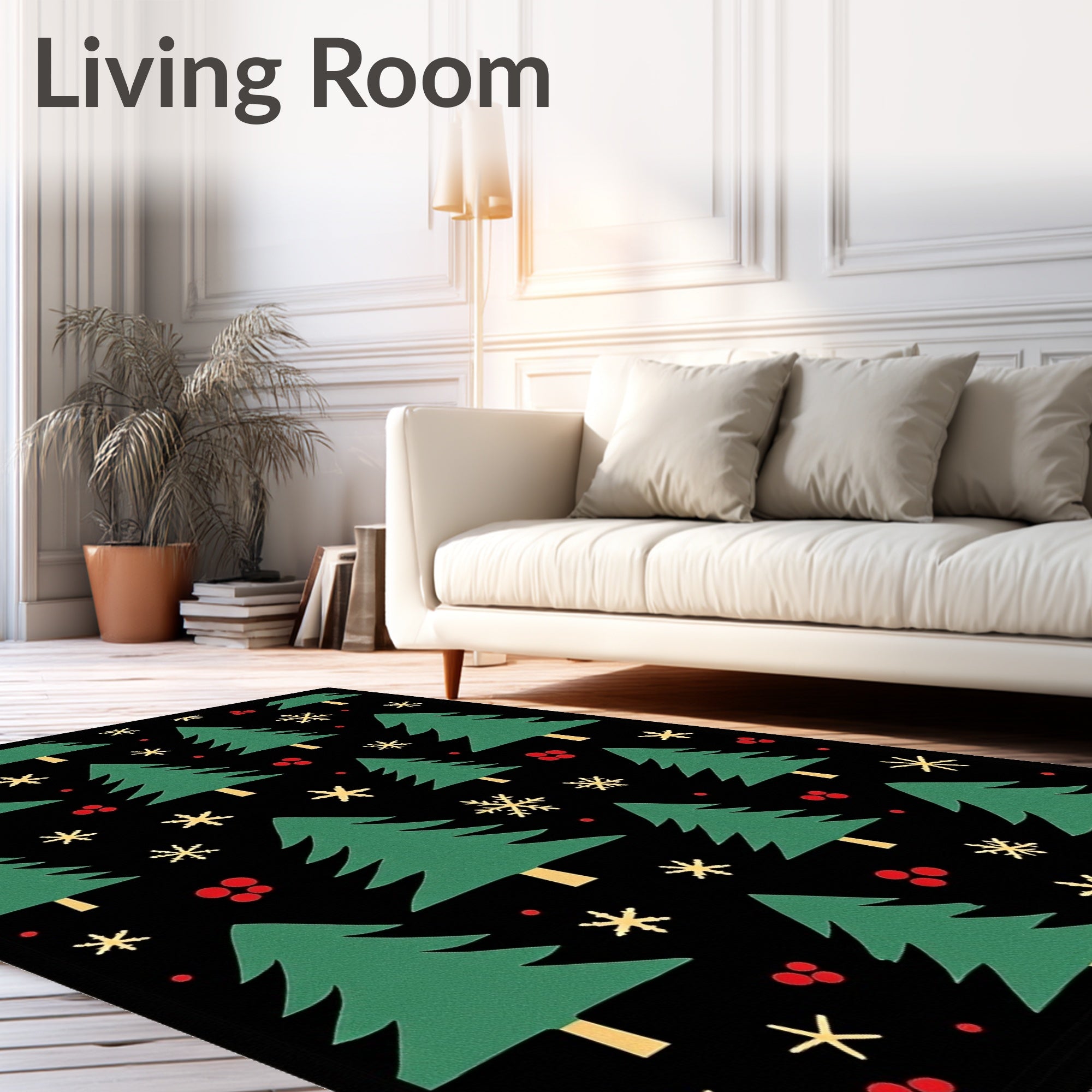 Festive Green Christmas Trees Scattered Snowflakes Rug