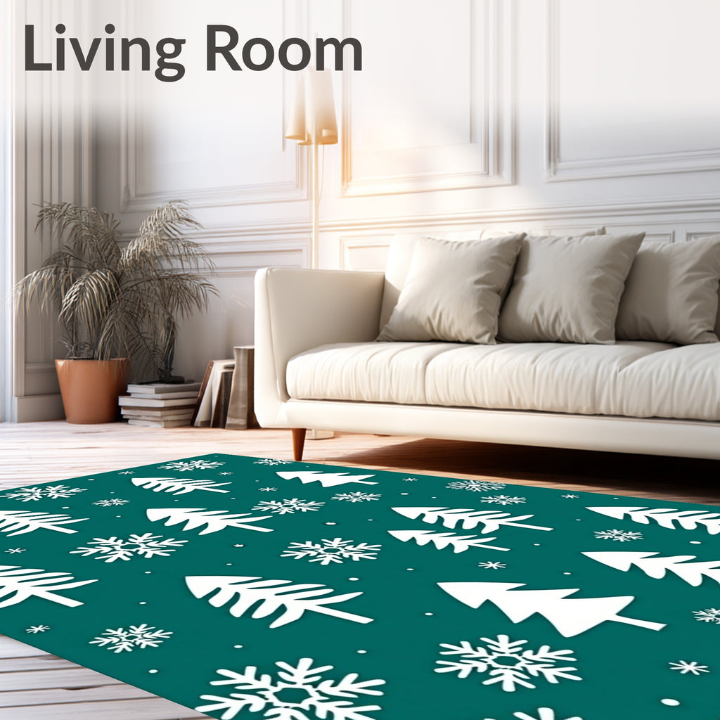 Teal And White Winter Trees Snowflakes Rug