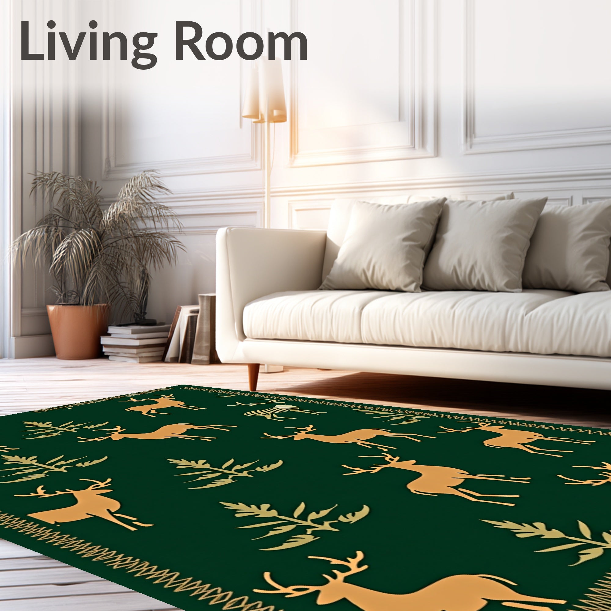 Golden Deer Evergreen Forest Scene Rug