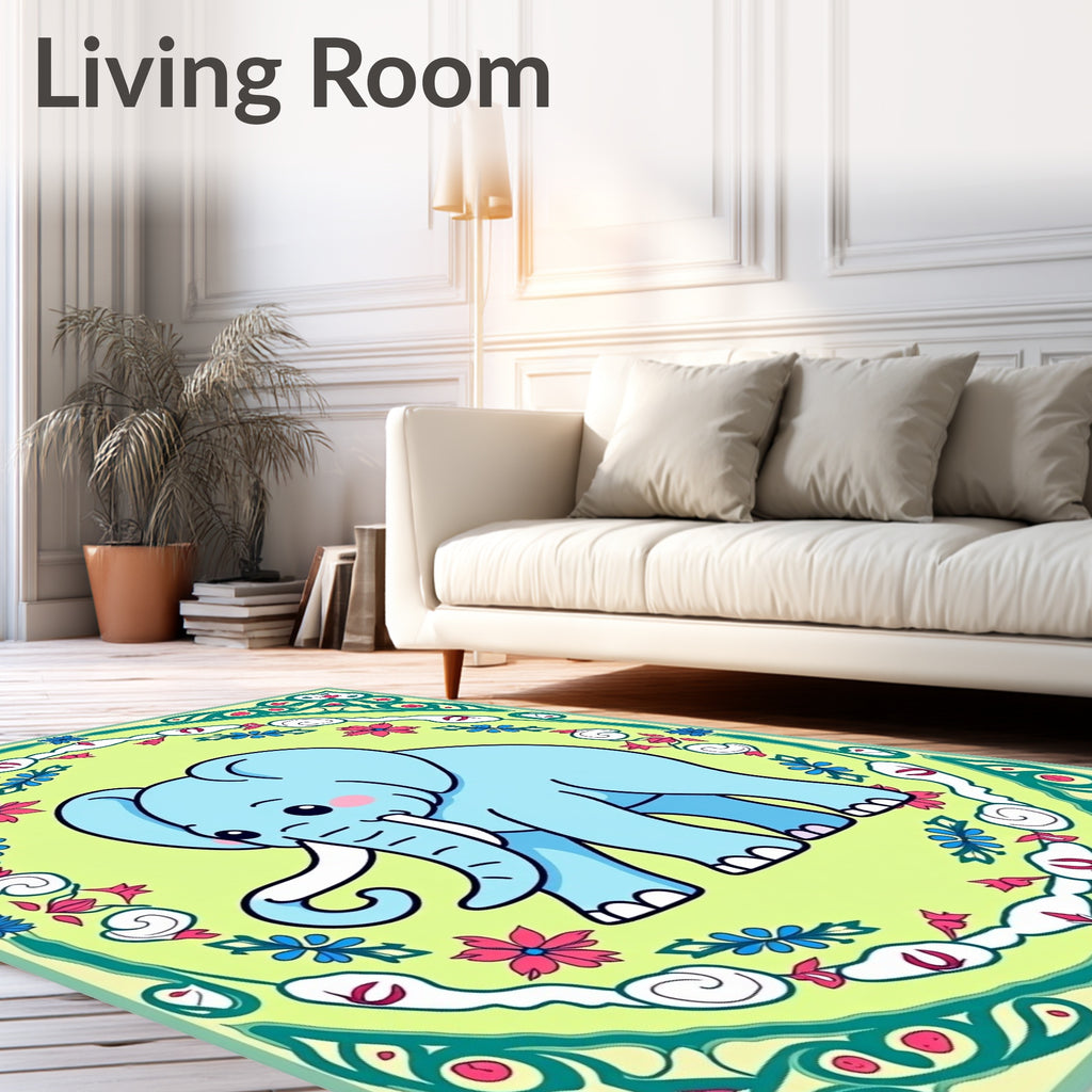 Light Blue Elephant Floral Medallion Rug