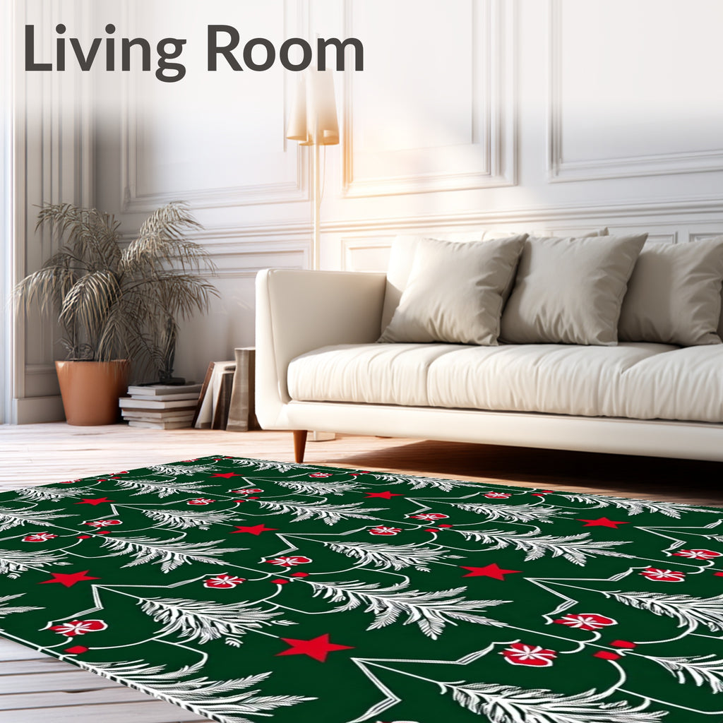 Festive White Pine Trees Red Star Accents Rug
