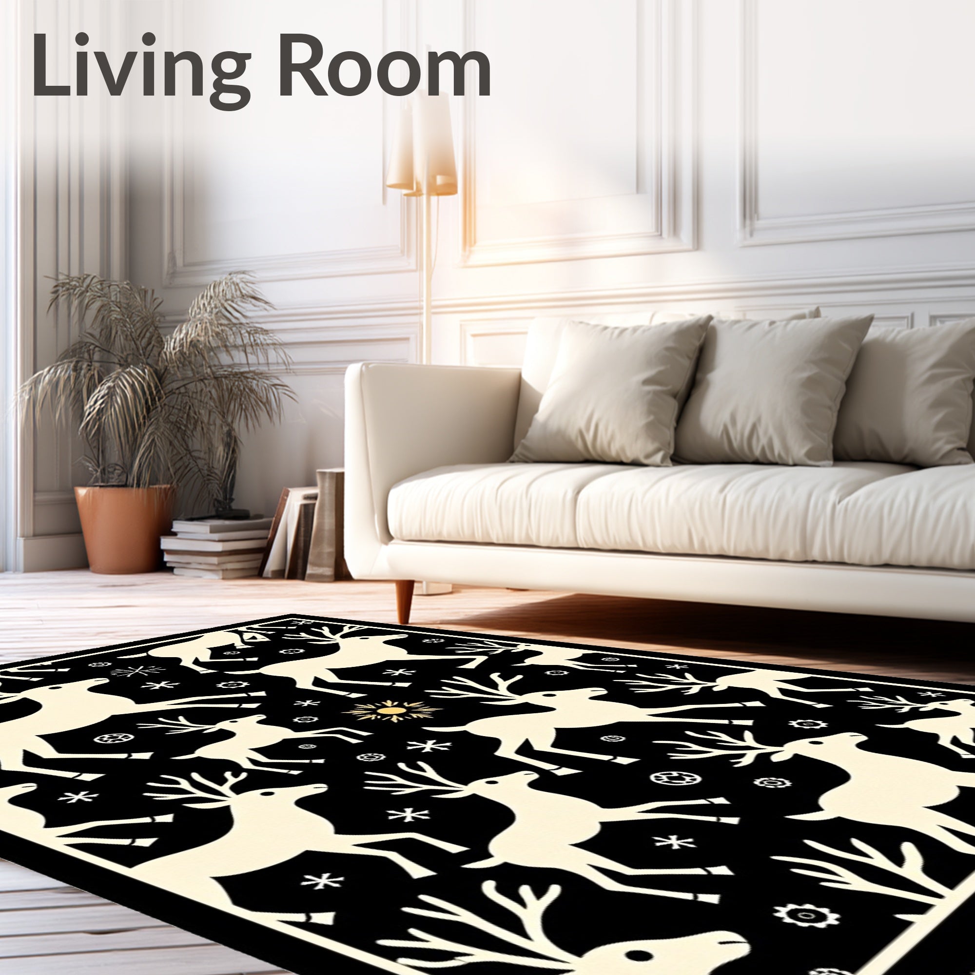 Cream Deer With Snowflakes On Black Rug