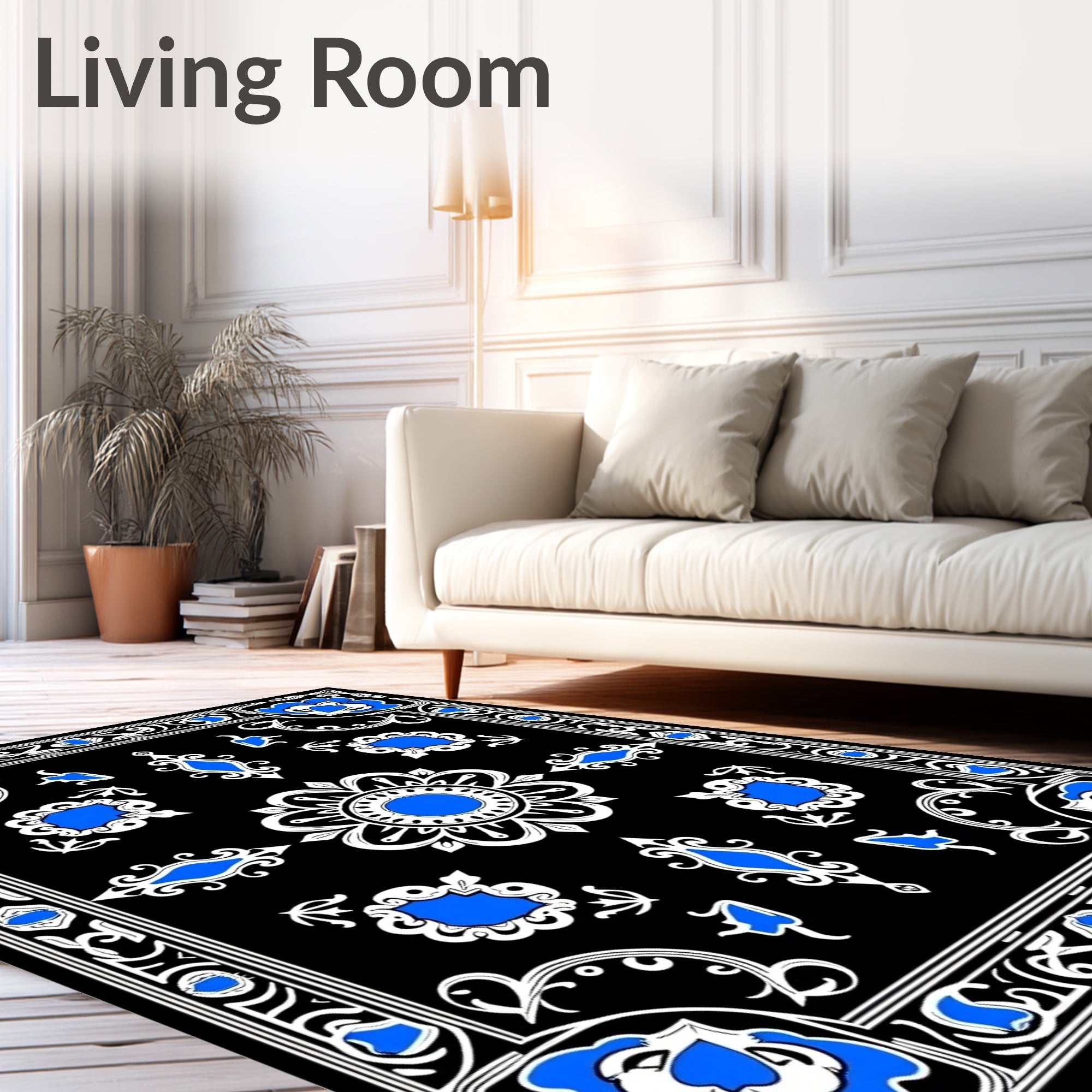 Black Floral Medallion Blue White Rug
