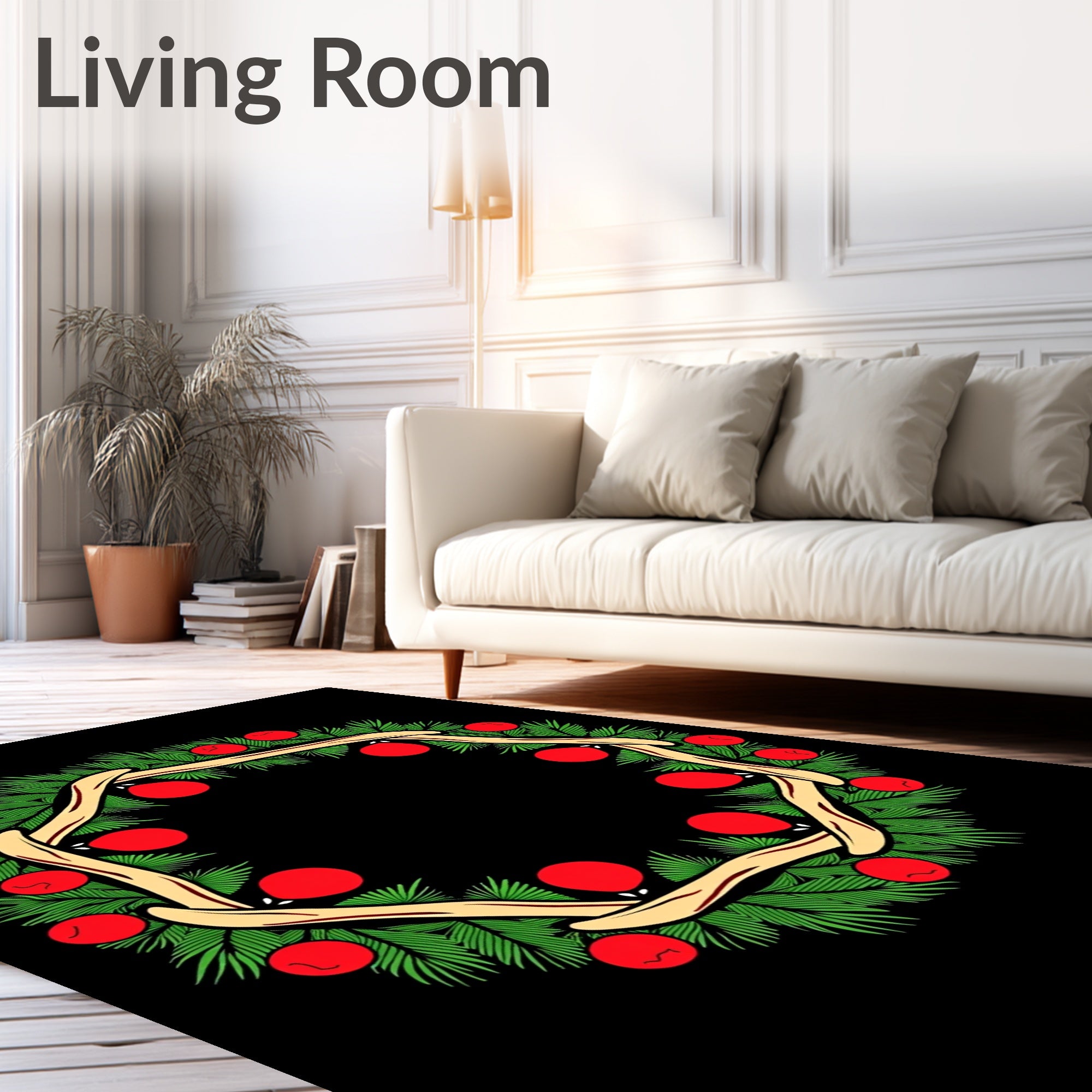 Green Pine Branches With Red Orbs Rug
