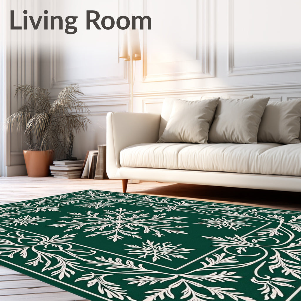 Emerald Green White Leafy Medallion Rug