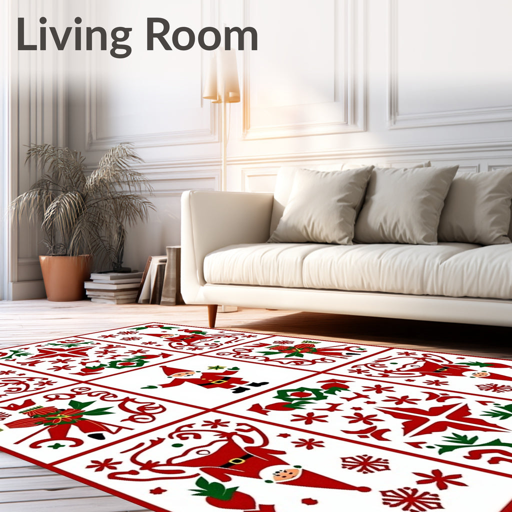 Festive Red Green Santa Village Panels Rug