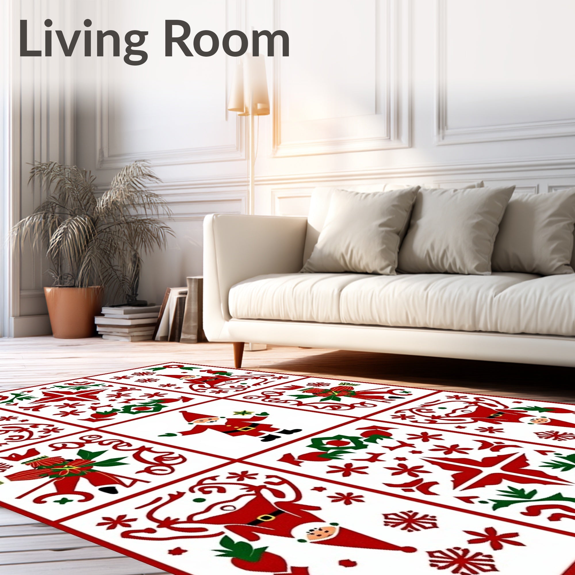 Festive Red Green Santa Village Panels Rug