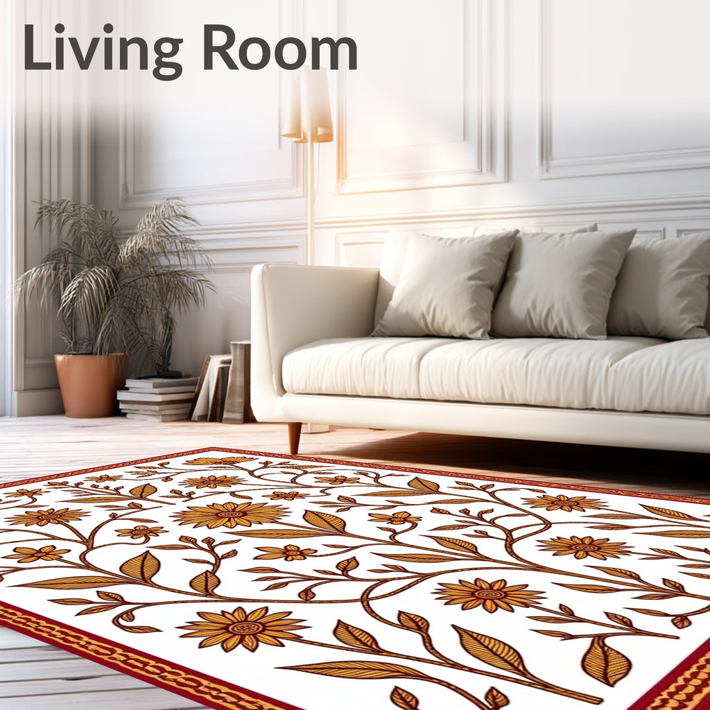 Golden Sunburst Floral Lattice Border Rug