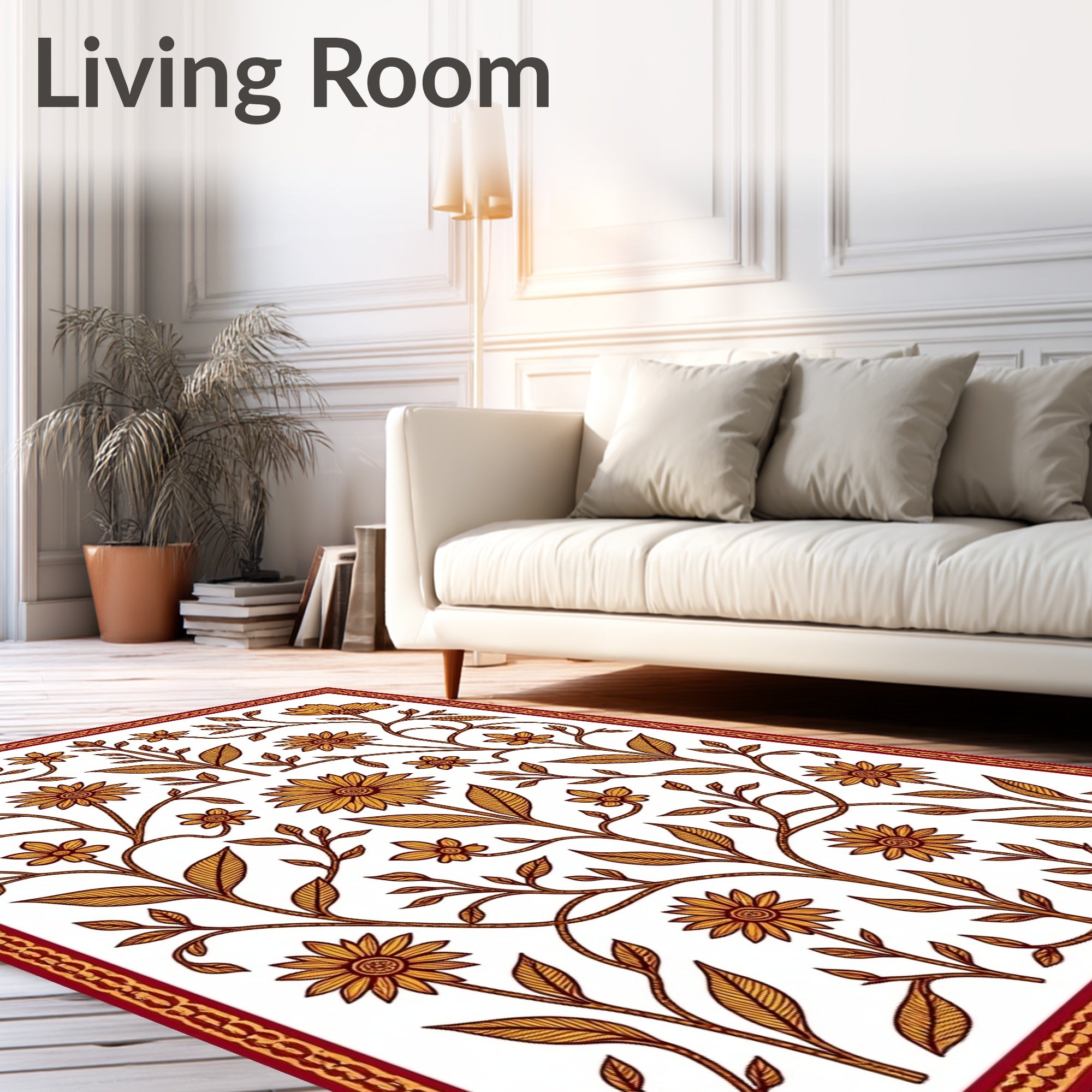 Golden Sunburst Floral Lattice Border Rug