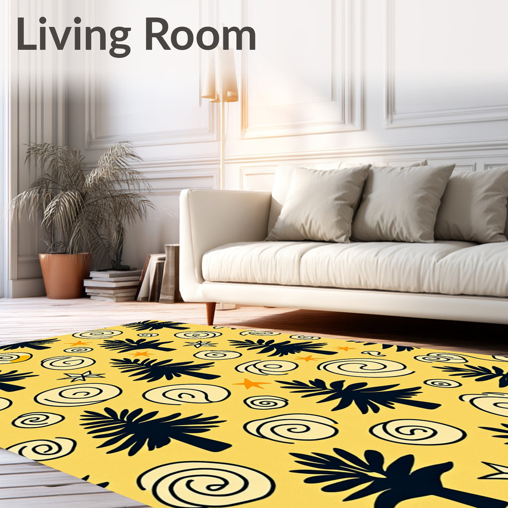Whimsical Blue Pine Swirls Yellow Rug