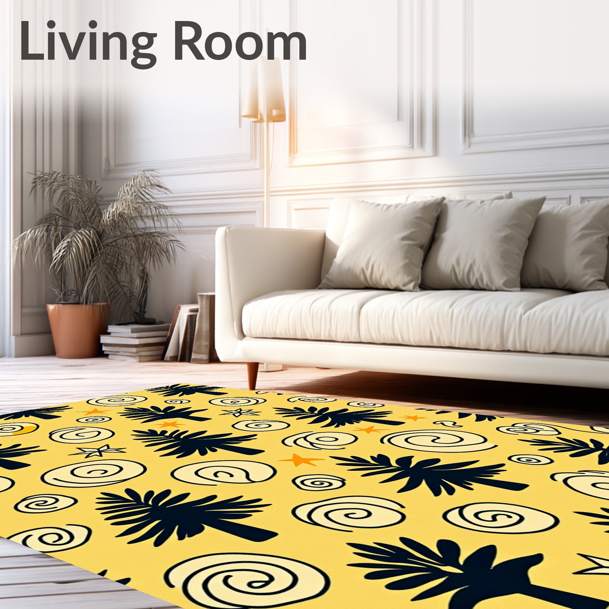 Whimsical Blue Pine Swirls Yellow Rug