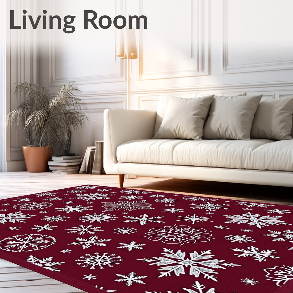 Deep Red White Snowflake Collage Rug