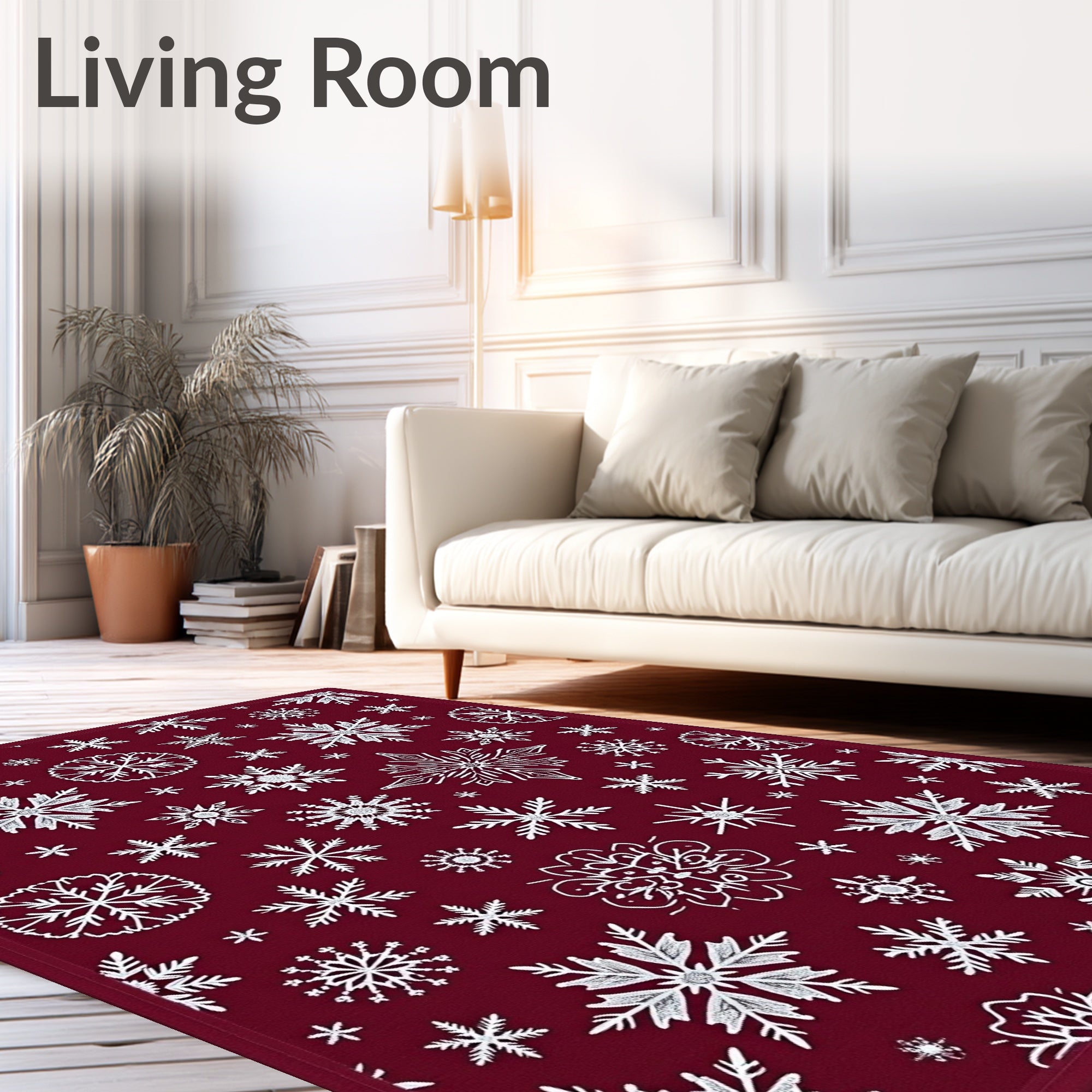 Deep Red White Snowflake Collage Rug