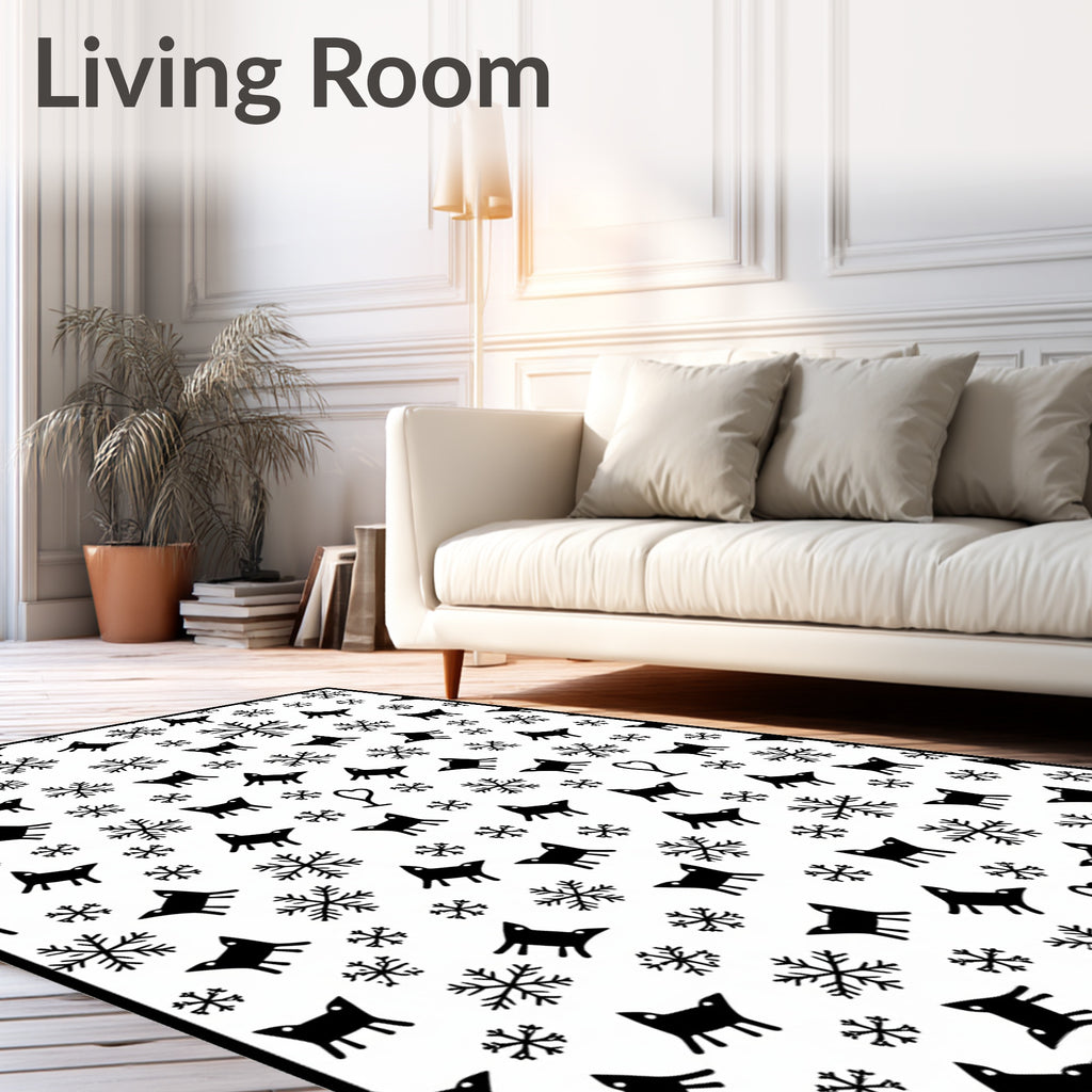 Whimsical Black Fox Snowflakes Heart Rug