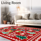 Red Christmas Gnomes Fir Trees Snowflakes Rug