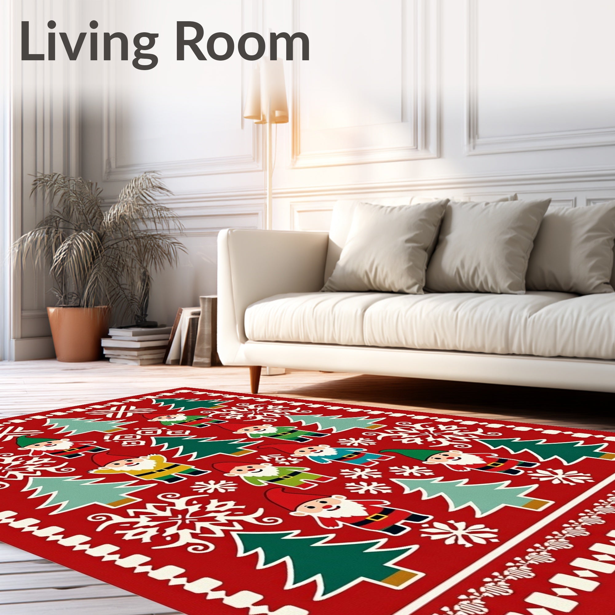 Red Christmas Gnomes Fir Trees Snowflakes Rug