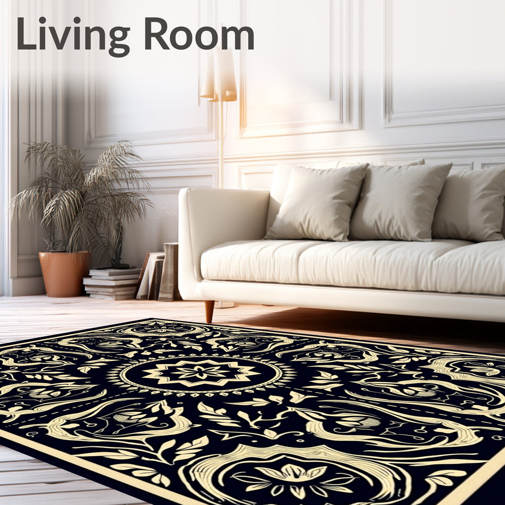 Ornate Black and Gold Floral Medallion Rug