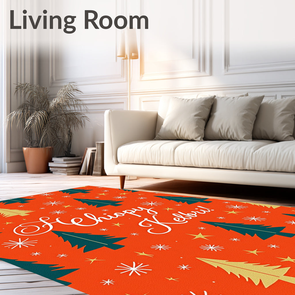 Festive Evergreen Trees Stars Snowflakes Rug