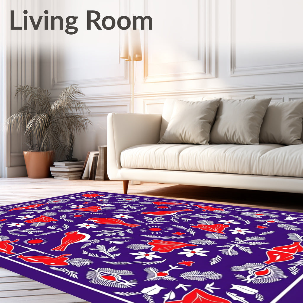 Red Birds and Flowers on Purple Ground Rug