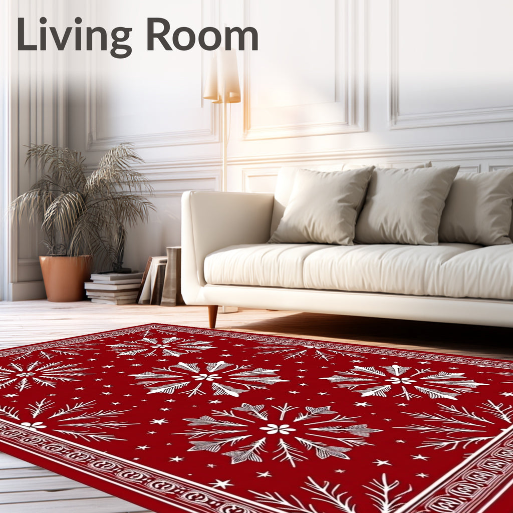 Deep Red Snowflakes Scattered Stars Rug