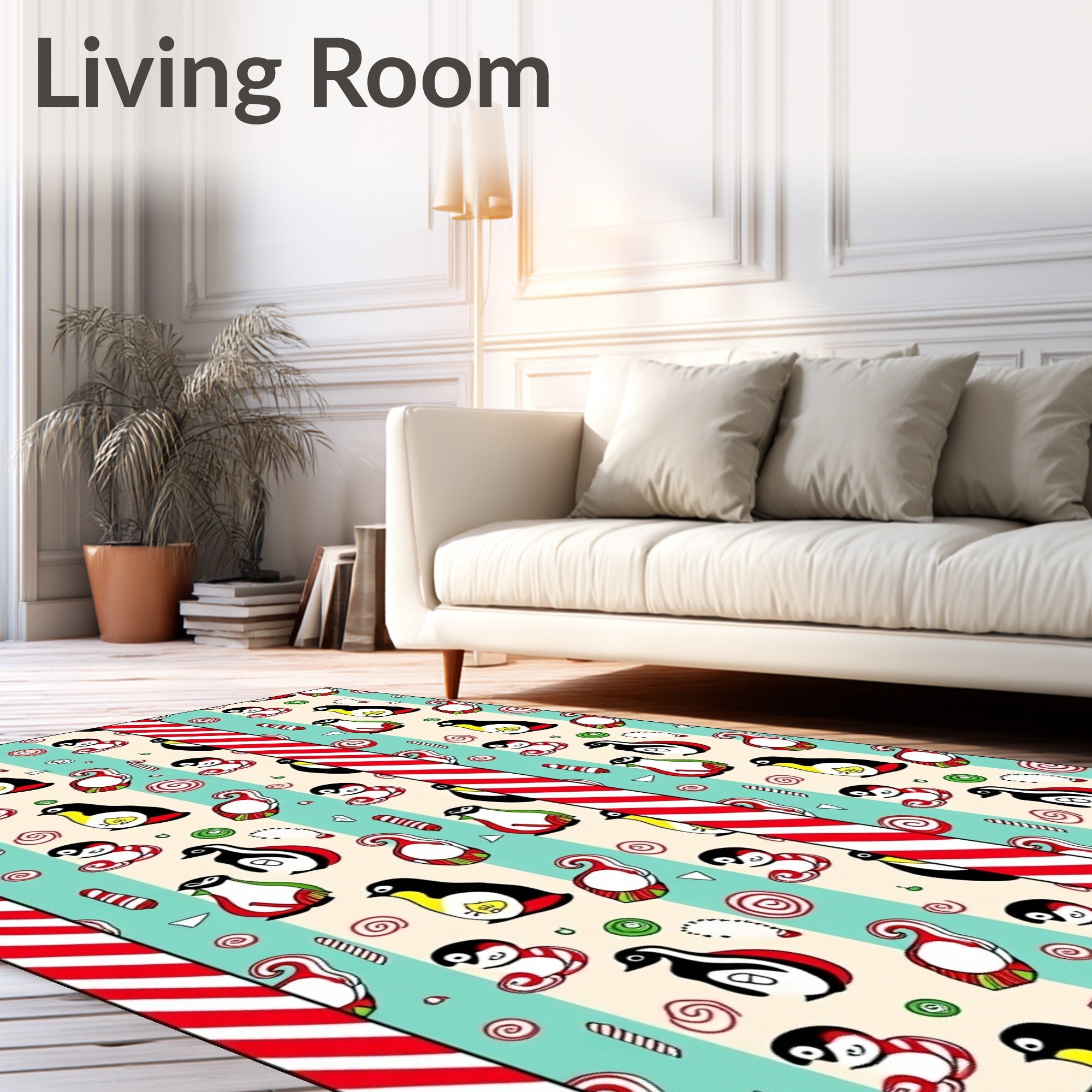 Red White Striped Penguin Candy Lane Rug