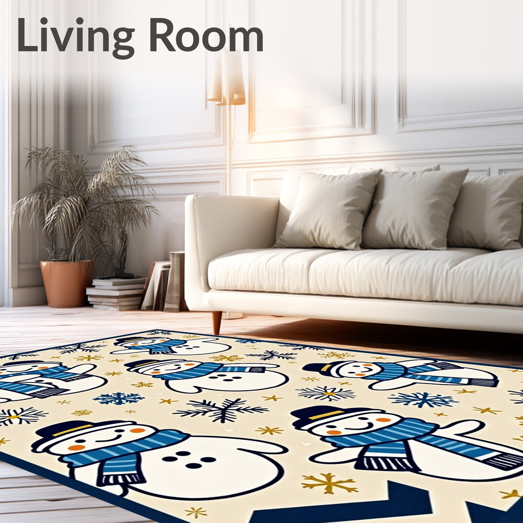 Friendly Snowman Blue Scarf Snowflake Ensemble Rug