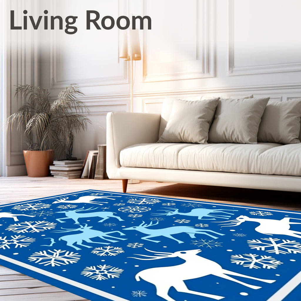 Blue White Reindeer Snowflake Winter Scene Rug